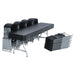 Side view of Lifetime 8-Foot table and 32 folding chairs stacked in storage position