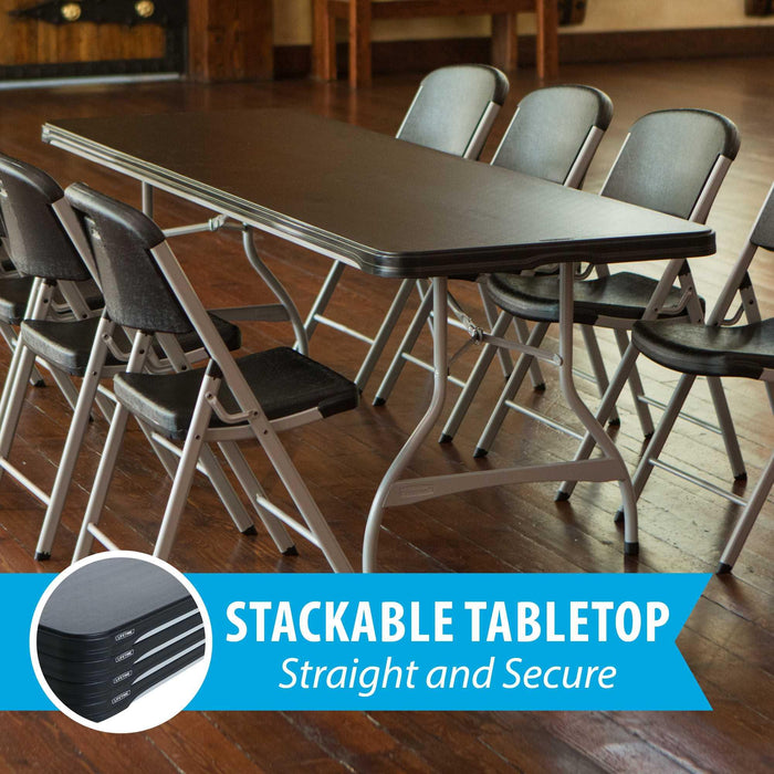 Stackable tabletop of Lifetime 4 Pack 8-Foot Black Nesting Table showing straight secure nesting design for compact storage