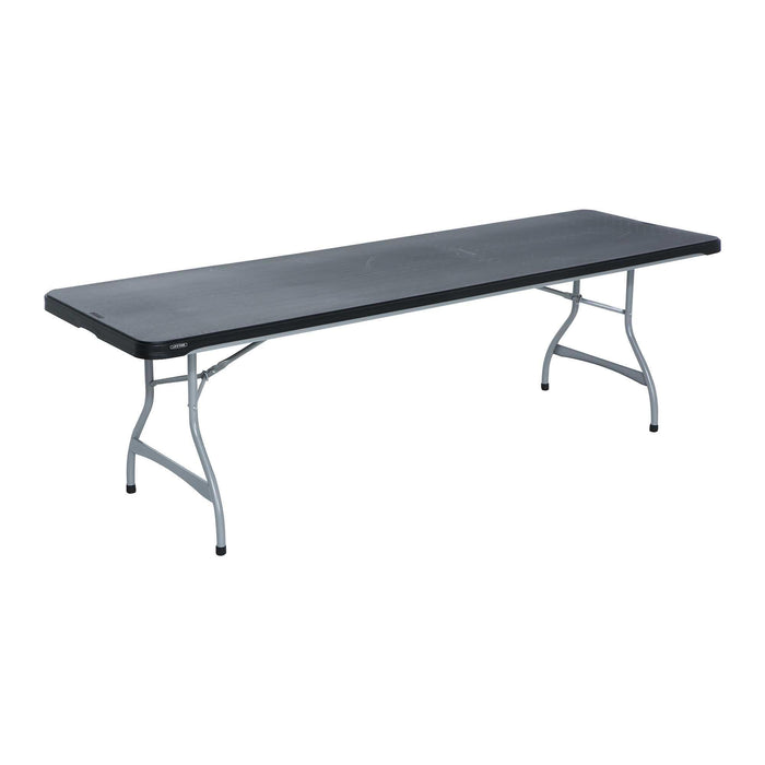 Angled product view of black Lifetime 27 Pack 8-Foot Rectangle Nesting Table with steel folding legs