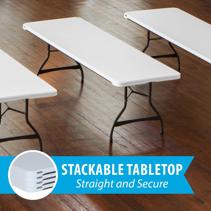 Lifetime 27 Pack 8-Foot Rectangle Nesting Table showing stackable tabletop design for secure storage