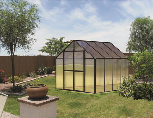 8ft Riverstone MONT Greenhouse Premium installed on lawn with black frame and translucent wall panels