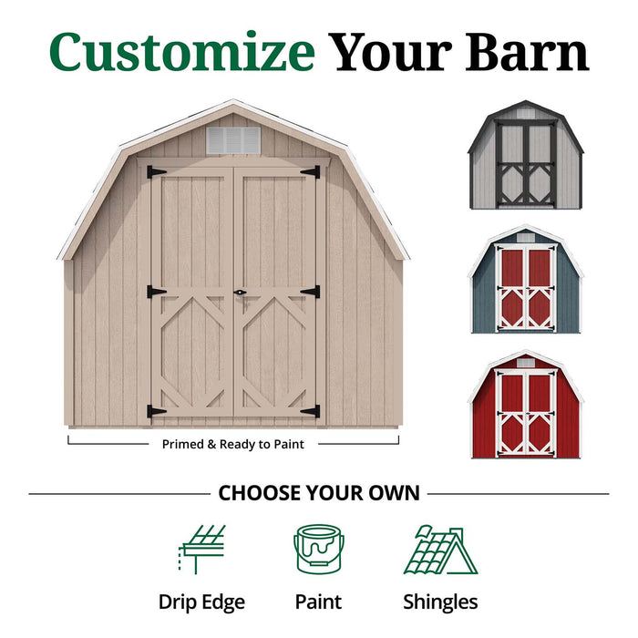 8x Classic Gambrel Barn Shed shown primed and ready to paint with examples of customizable finishes in gray, blue, and red plus icons for drip edge, paint, and shingle choices.