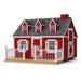 8x10 Cape Cod Playhouse in barn-red color with white trim, dormer windows, Dutch door, and charming porch railing—perfect backyard playhouse for kids.