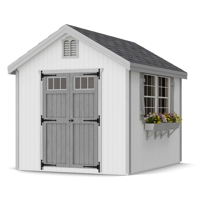 8x10 white Colonial Williamsburg shed by Little Cottage Co. featuring vented gable, transom doors, and decorative flower box under gray roof.