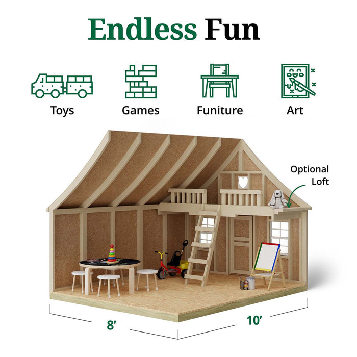 Little Cottage Co. 8x10 Gingerbread Cottage Playhouse interior featuring optional loft with ladder, open play space, and wood panel structure for fun activities.