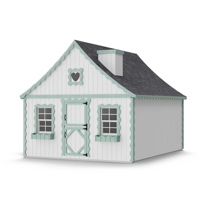 Little Cottage Co. 8x10 Gingerbread Cottage Playhouse in white with mint green trim, heart window, and scalloped detailing under gray shingle roof.