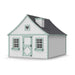 Little Cottage Co. 8x10 Gingerbread Cottage Playhouse in white with mint green trim, heart window, and scalloped detailing under gray shingle roof.