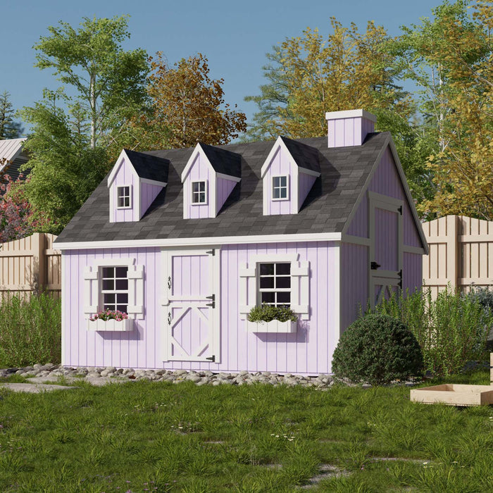 8x10 Cape Cod Playhouse by Little Cottage Co. painted soft lavender with white trim, featuring three dormer windows, Dutch door, and flower boxes in a sunny yard.
