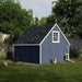 Front view of Little Cottage Co. 8x10 Value A-Frame Chicken Coop in blue with white accents, featuring a Dutch-style door and hens walking on the lawn.