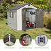 Lifetime 8x10 ft. storage shed feature callouts: steel reinforced, 6 snap-in wall hooks, and shatterproof window.