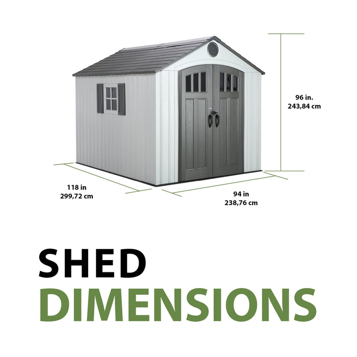 Lifetime 8x10 ft. storage shed exterior dimensions diagram showing width, depth, and height measurements.