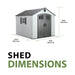 Lifetime 8x10 ft. storage shed exterior dimensions diagram showing width, depth, and height measurements.