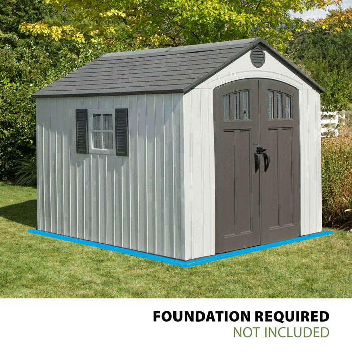 Lifetime 8x10 ft. storage shed studio shot noting foundation required, not included.