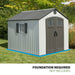 Lifetime 8x10 ft. storage shed studio shot noting foundation required, not included.