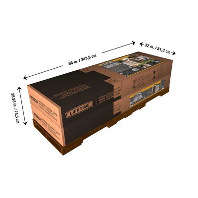 Lifetime 8x10 ft. storage shed shipping packaging box with dimensions labeled.