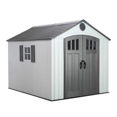 Studio product shot of the Lifetime 8x10 ft. storage shed, front angle, closed doors, window with shutters.