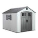 Studio product shot of the Lifetime 8x10 ft. storage shed, front angle, closed doors, window with shutters.