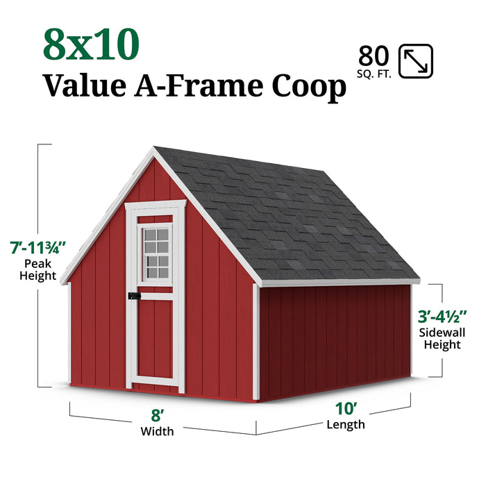 Little Cottage Co. 8x10 Value A-Frame Chicken Coop in red, featuring dimension labels for width, length, peak height, and sidewall height for easy reference.