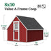 Little Cottage Co. 8x10 Value A-Frame Chicken Coop in red, featuring dimension labels for width, length, peak height, and sidewall height for easy reference.