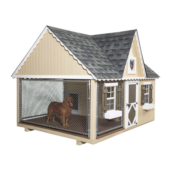Isolated product view of Little Cottage Co. 8x10 Victorian Cozy Kennel with fenced enclosure and decorative windows