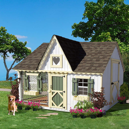 Little Cottage Co. Victorian Cozy Kennel on grass with decorative trim and a golden retriever beside it