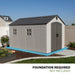 Lifetime 8x12.5 ft. storage shed studio shot noting foundation required, not included.