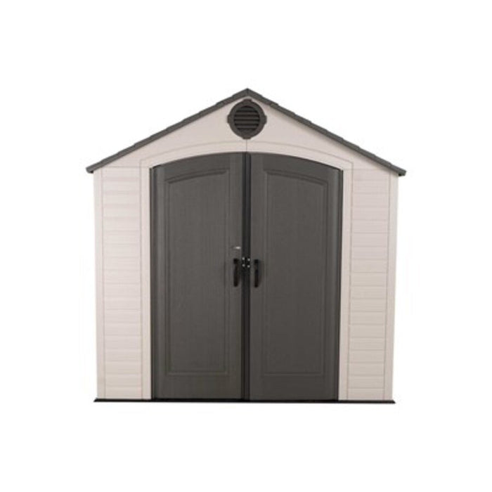 Straight-on studio front view of the Lifetime 8x12.5 ft. storage shed with closed double doors.