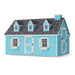 Light blue 8x12 Cape Cod Playhouse by Little Cottage Co. featuring white shutters, dormer windows, gray shingled roof, and side barn door for added charm.