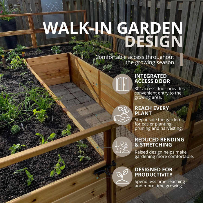 Outdoor Living Today 8×12 Garden in a Box with Birdnetting Cover shown with a walk-in access door and cedar-framed raised beds of young plants.