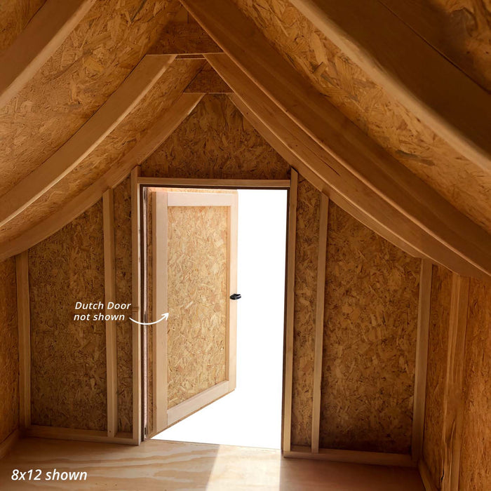 Little Cottage Co. 8x12 Gingerbread Cottage Playhouse interior featuring open Dutch door, exposed wood rafters, and smooth plywood flooring.