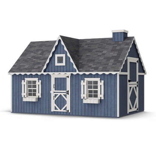 Little Cottage Co. 8x12 Victorian Playhouse in navy blue with white trim and scalloped gable roof, showcasing a heart window and classic barn-style charm.