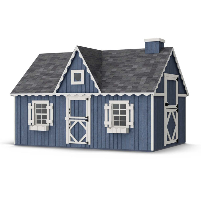 Little Cottage Co. 8x12 Victorian Playhouse in navy blue with white trim and scalloped gable roof, showcasing a heart window and classic barn-style charm.