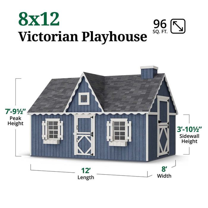 Illustrated diagram of Little Cottage Co. 8x12 Victorian Playhouse with labeled measurements including 7′9½″ peak height, 3′10½″ sidewalls, and 12′ length.