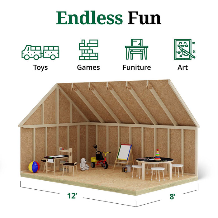 Little Cottage Co. 8x12 Victorian Playhouse interior layout showing open framed space with play furniture, tricycle, and easel for creative indoor fun.