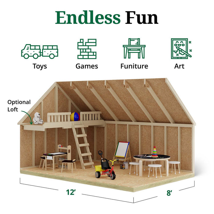 Little Cottage Co. 8x12 Victorian Playhouse interior featuring an optional loft with ladder, children’s play furniture, and open wooden framing for endless fun.