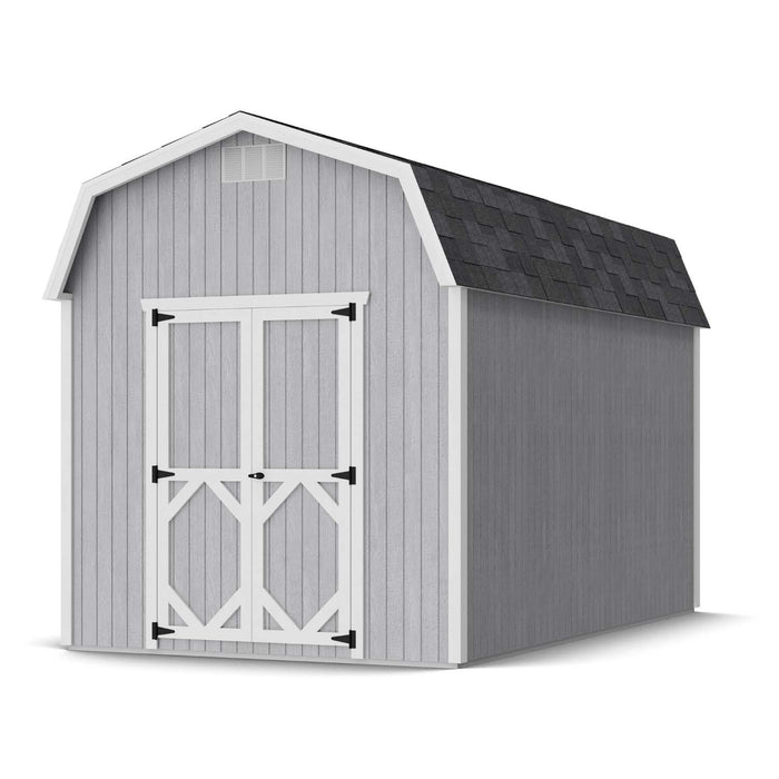 Spacious 8x14 Little Cottage Co. Classic Gambrel barn shed in gray siding with white trim and black shingles, designed for versatile outdoor storage.