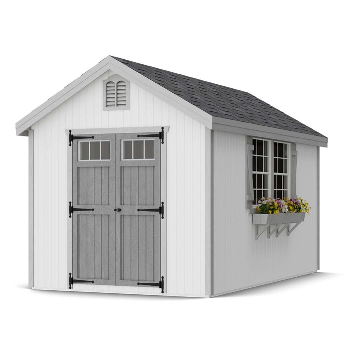 8x14 Little Cottage Co. Colonial Williamsburg shed with vented gable peak, transom doors, and detailed trim with window flower planter box.