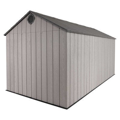 Rear side angle exterior view of the Lifetime 8x15 ft. HDPE outdoor storage shed.