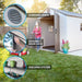Lifetime 8x15 ft. storage shed feature callouts: screened vents, deadbolt door lock, and shelving system.
