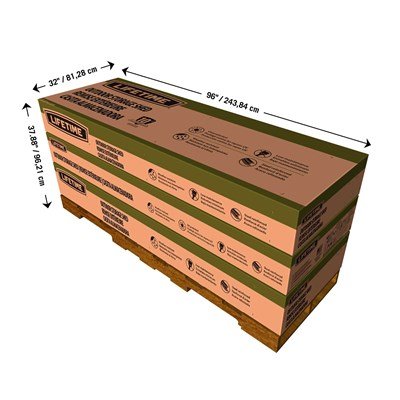 Lifetime 8x15 ft. storage shed shipping packaging box with dimensions labeled.
