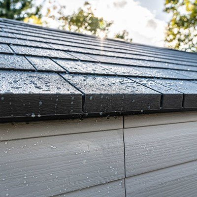 Close-up of the Lifetime storage shed's roof shingle edge detail with water droplets.