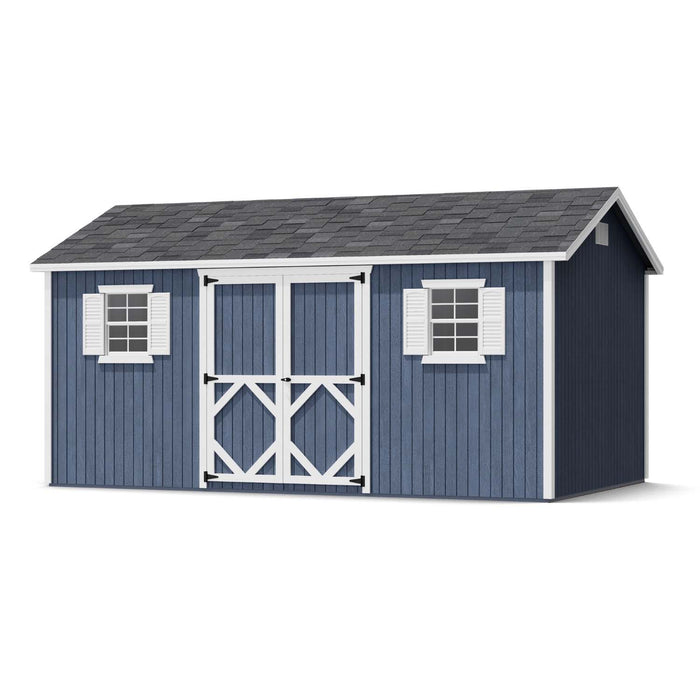 8x16 Classic Workshop Shed in blue with white trim, two windows, and centered double doors, highlighting the simple and balanced shed structure.
