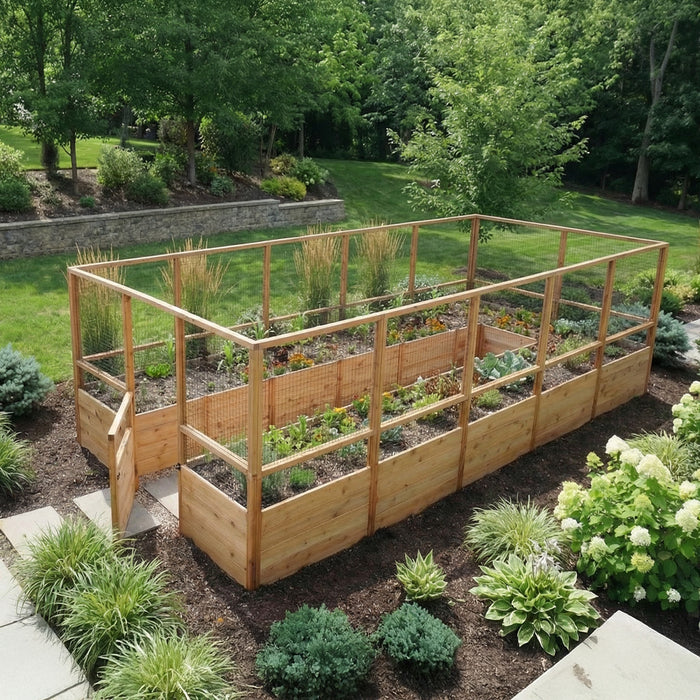 Elevated view of the 8x16 Garden in a Box with Deer Fence showing full-height wire mesh panels above western red cedar walls and planted rows