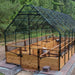 Outdoor Living Today 8x16 Garden in a Box with Birdnetting Cover newly installed, green frame and mesh over empty cedar beds on brick pavers
