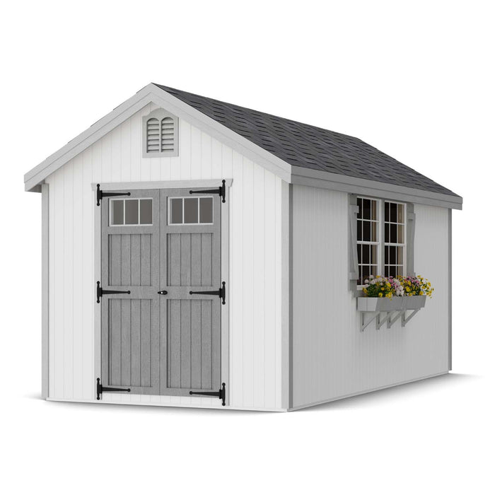 8x16 Colonial Williamsburg shed with spacious design, gray doors, white siding, and large flower box, ideal for storage or small garden workspace.
