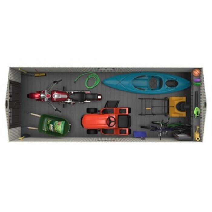 Illustration of the Lifetime 8x20 ft. storage shed's interior capacity with a motorcycle, kayak, and UTV.
