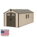Studio product shot of the Lifetime 8x20 ft. storage shed, front angle, closed doors, Made in USA badge.