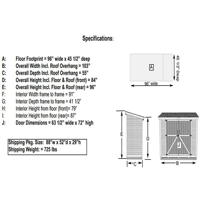 Specifications of the Outdoor Living Today SpaceSaver 8x4 Storage Shed