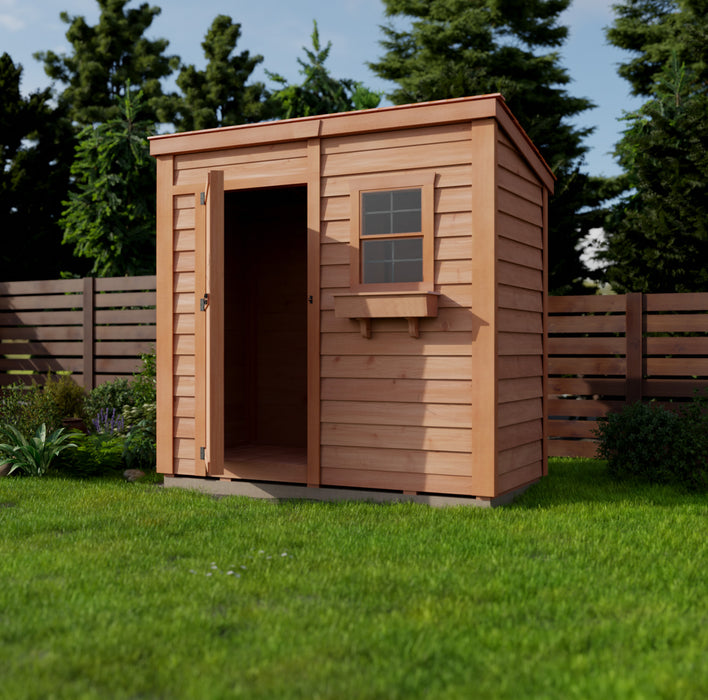 Durable 8x4 foot wooden storage shed with a single door, featured in a garden setting for efficient space management.