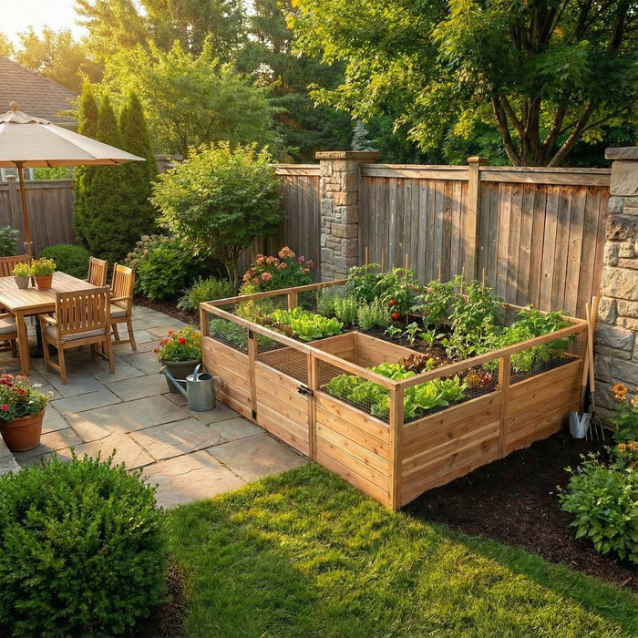 Cedar Garden in a Box 8x5 tucked into a patio corner with tomatoes, lettuce and herbs growing inside, watering can and tools resting nearby